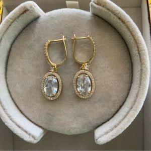 Earrings Goldtone and Center Oval CZ  With CZ Halo Drop and Dangle